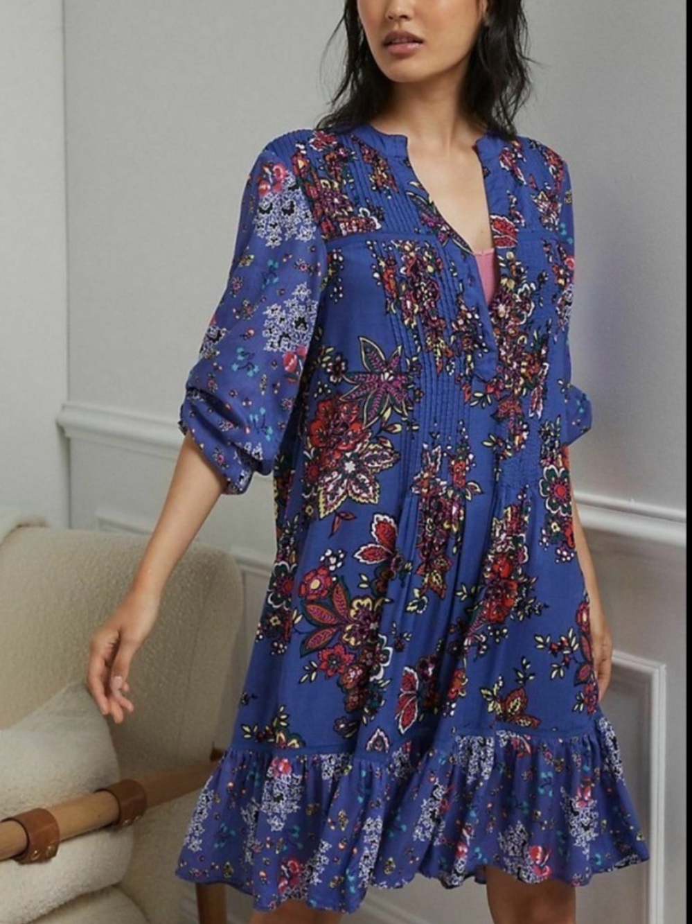 Anthropologie Royal Blue Floral Pintuck Tiered Dress